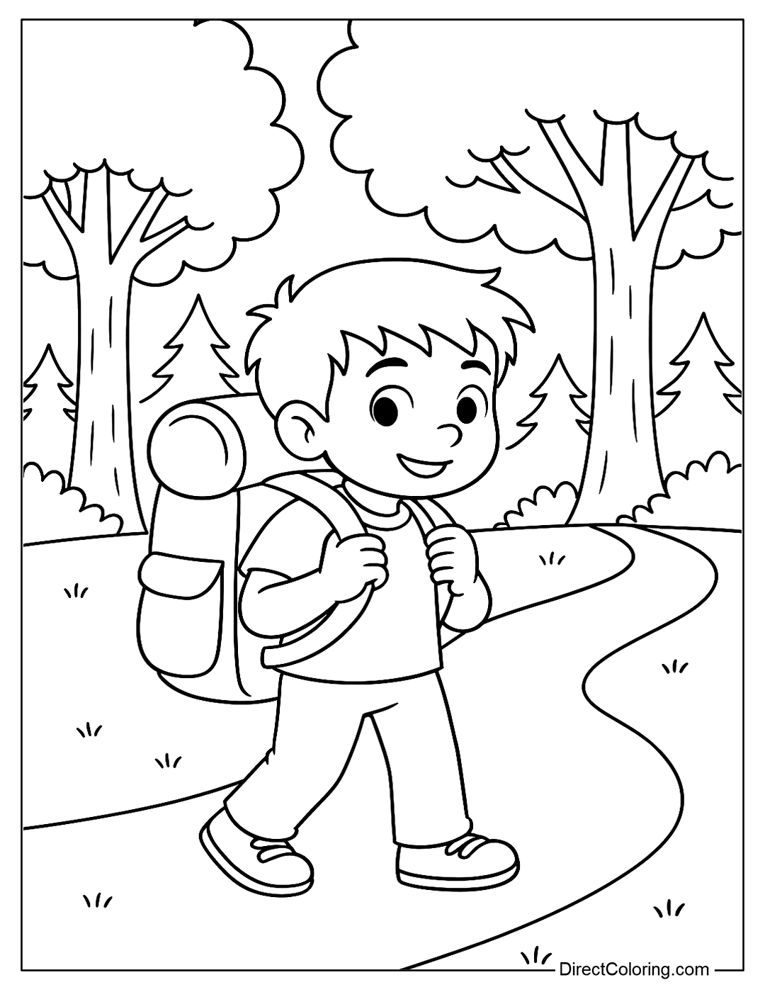 Coloring page of a boy wearing a backpack larger than himself, standing in front of a forest trail.